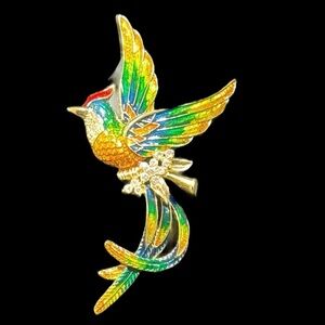 Hummingbird brooch, pin large, vibrant, colorful, feathers, enamel, rhinestones
